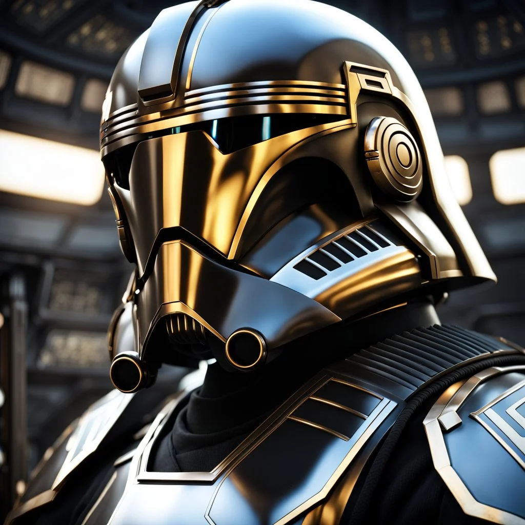 star wars bald male corellian pilot wearing pearlescent black and gunmetal grey First Order special forces heavy assault armor and helmet with gold trim inside the jedi temple, centered portrait, hyperdetailed, dynamic lighting, hyperdetailed background, 8k resolution, volumetric lighting, light skin, fully symmetric details