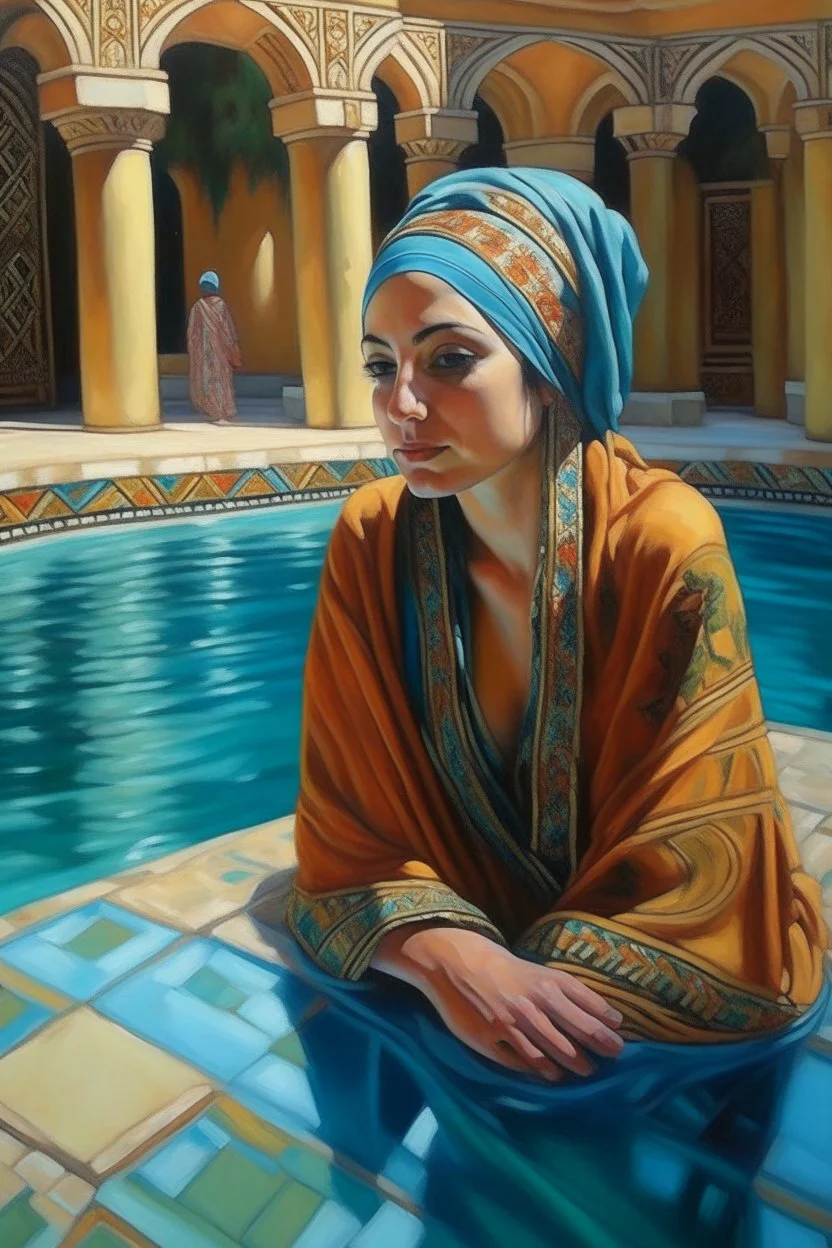 Neoclassicism pool arabic people arabic woman in pool painting realistic cote d'azur colorfull