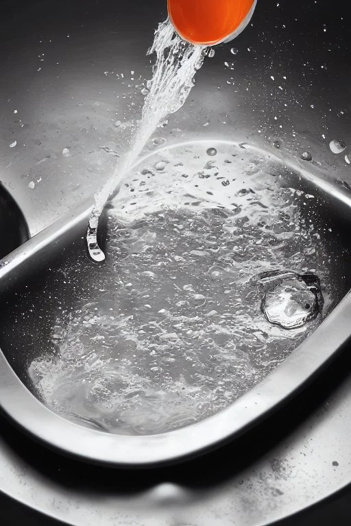 in focus, a jet of water flows into a spoon and splashes everywhere in a sink tray