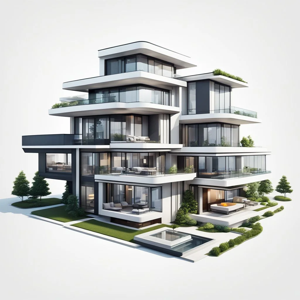 Modern futuristic houses in cartoon Minimalist style on white background, png, high resolution, highly detailed texture. By drone