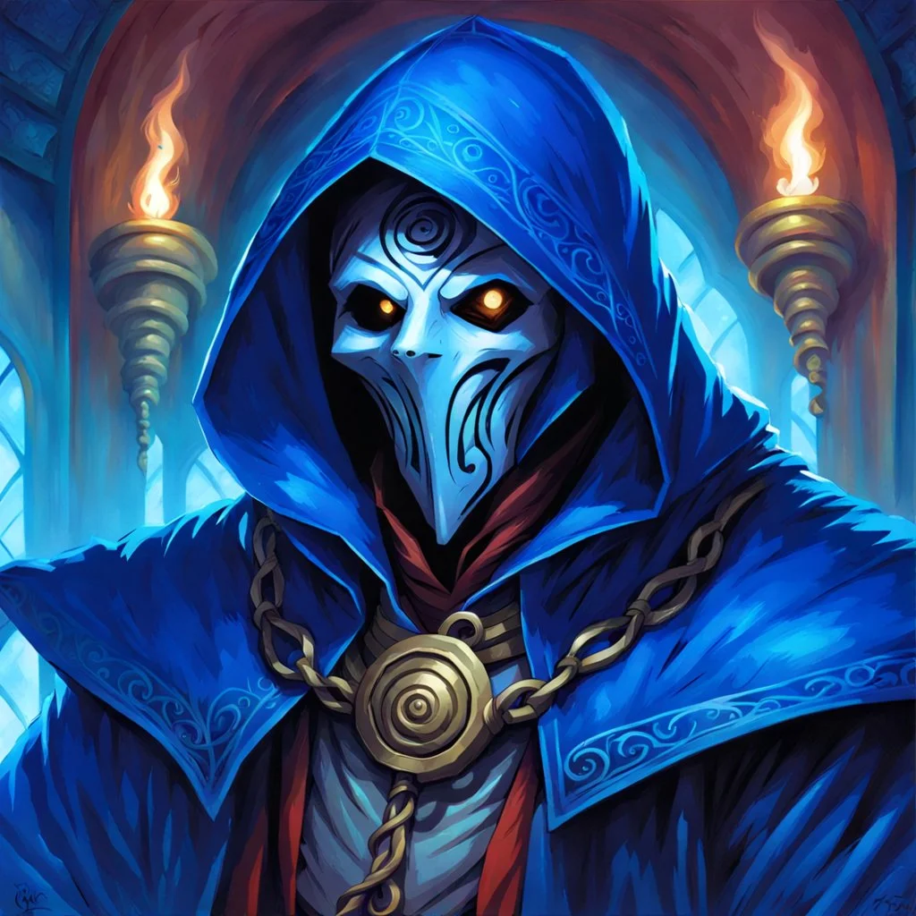 90's fantasy tcg art of a hooded man with a spiral mask in a blue circus