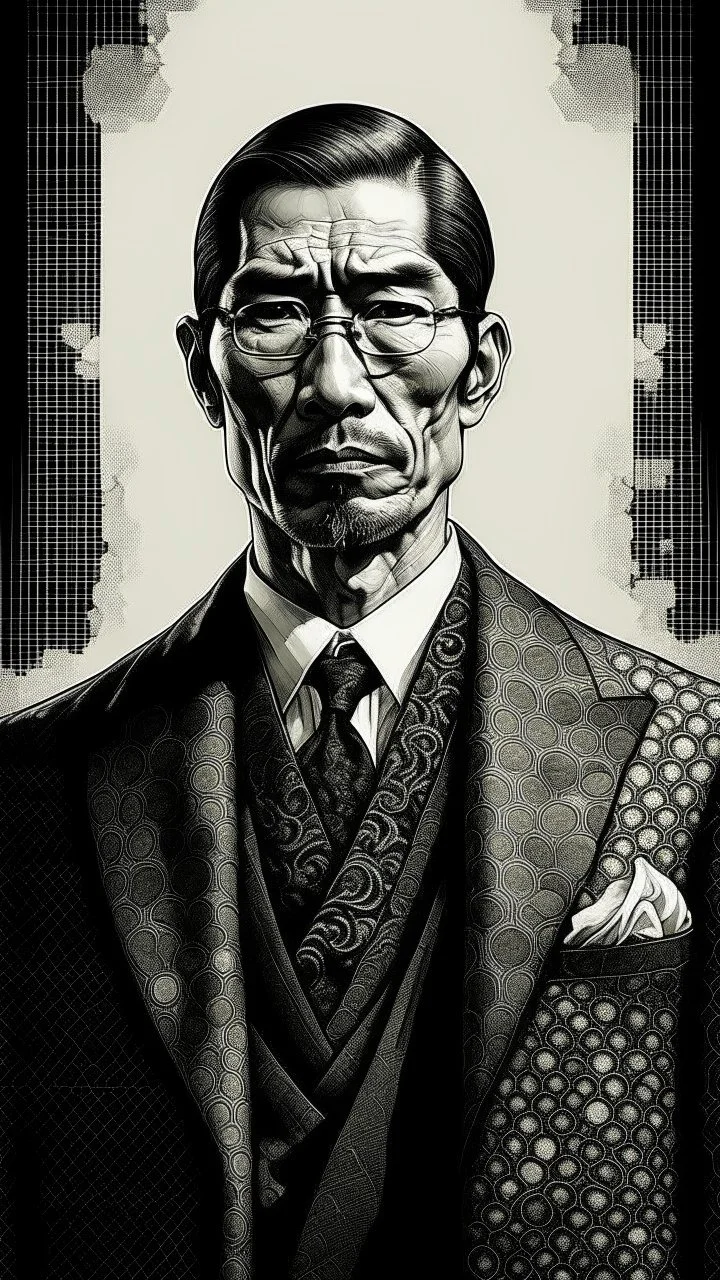 Asian Yakuza Member traditional Japanese Nihonga, black and white oil painting