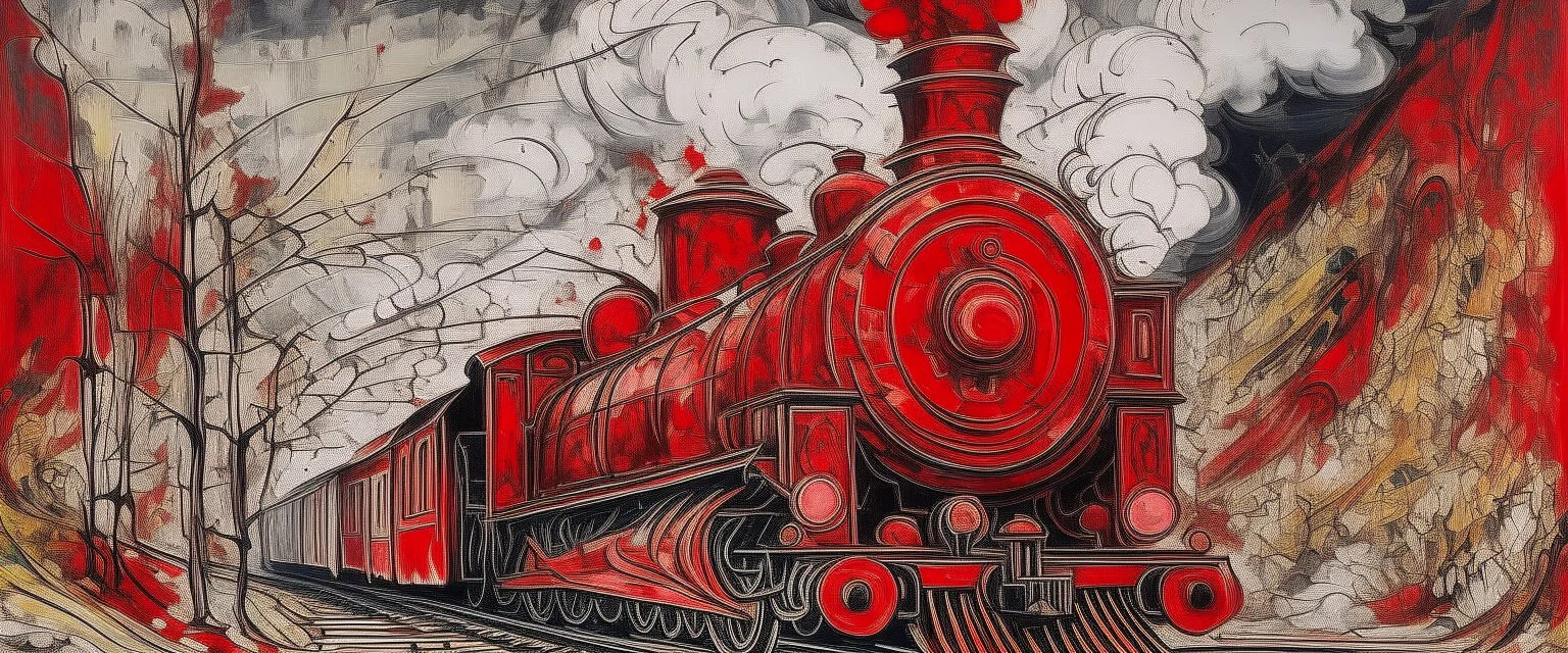 A red railway covered in smoke painted by Jean Dubuffet