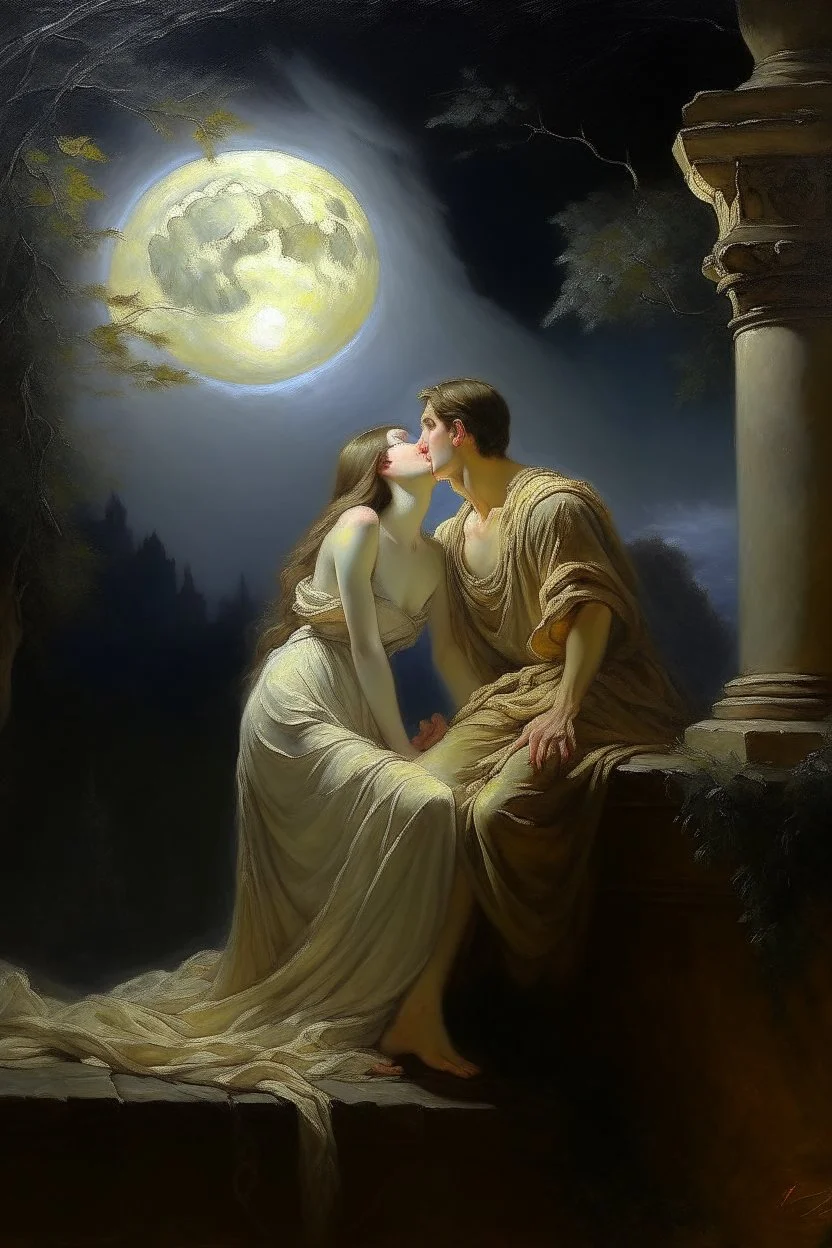 Oil painting kiss under the moonlight in ancient times