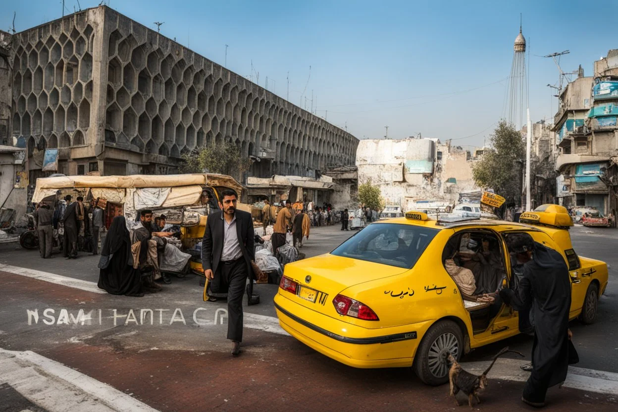 a street in Tehran with a taxi