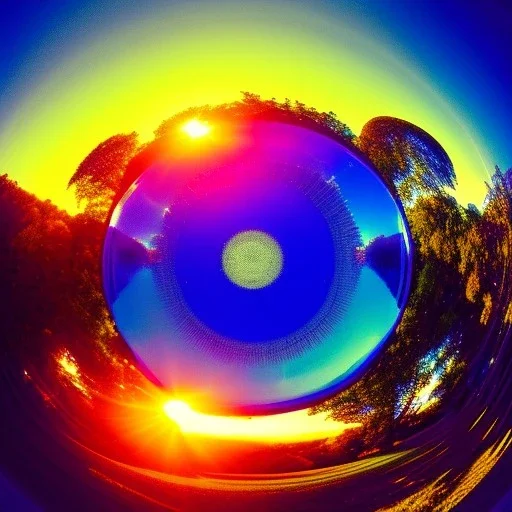 Sunset in a dense lush tropical jungle with lawn chairs, blue red and yellow. Warp. Fisheye. Bokeh. Psychedelic. distort. lens.