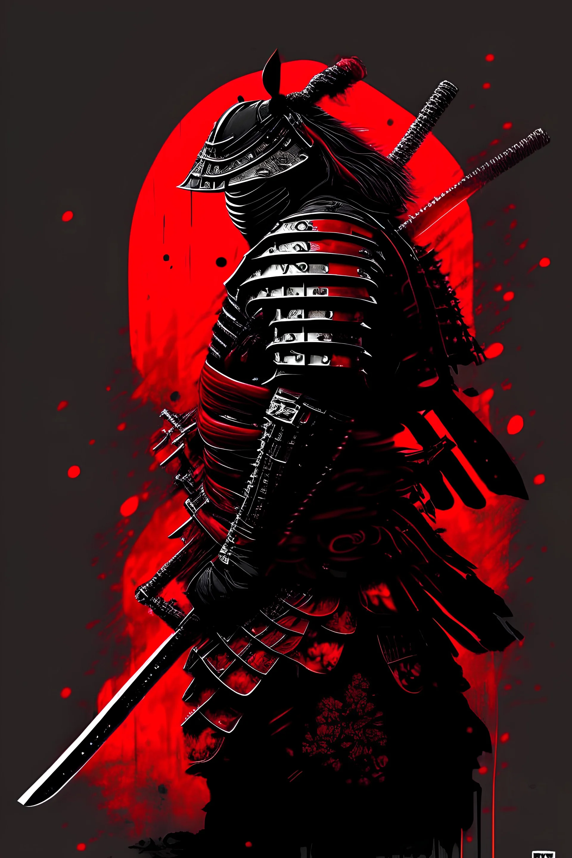 samurai with a katana, into an armor, red black colors,