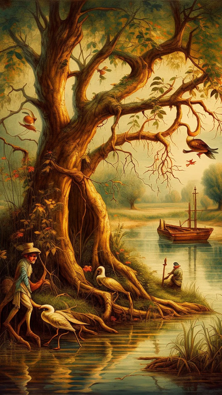 Bosch painting style , old willow tree by the river , a lovely ducks is swimming in the river