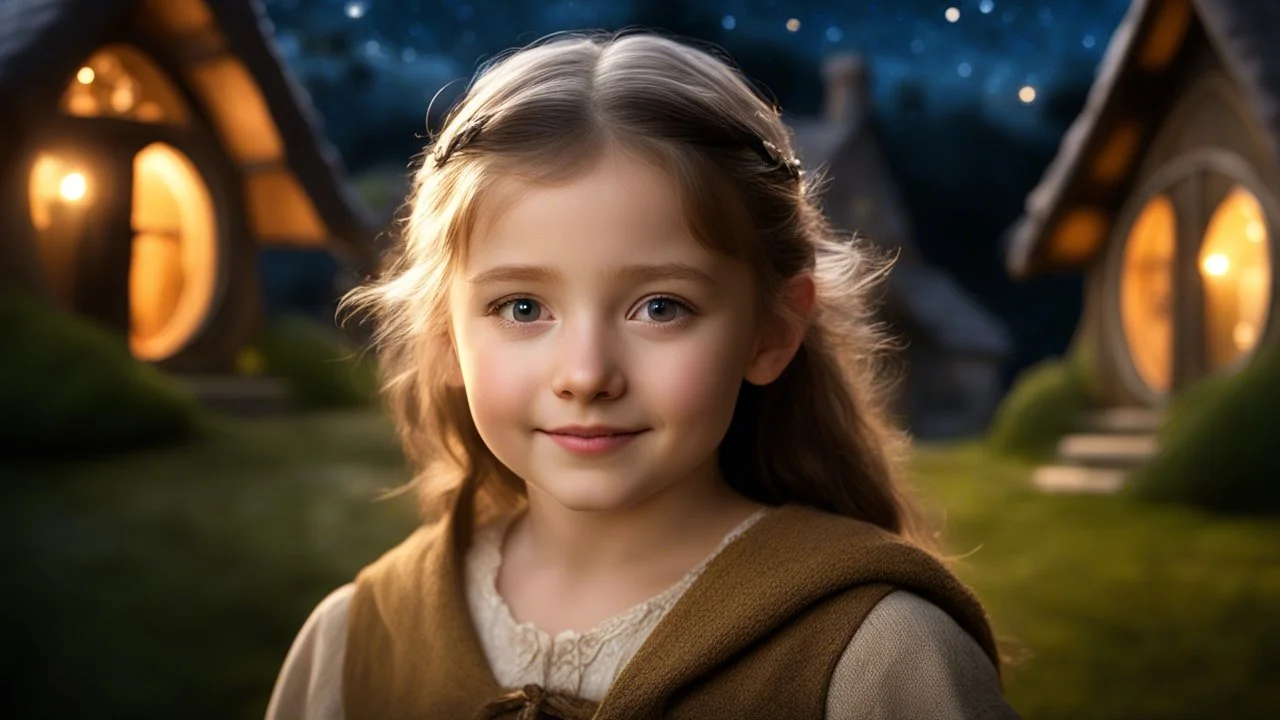 little young hobbit girl, beautiful, confident, calm, wise, happy, innocent, facing camera, head and shoulders, hobbit clothing, perfect eyes, LOTR village, hobbit homes with circular windows and round doors, night scene, stars, fireflies, 16k artistic photography, exquisite composition, photorealistic concept art, soft natural volumetric light, chiaroscuro, award-winning photograph, masterpiece, style William-Adolphe Bouguereau