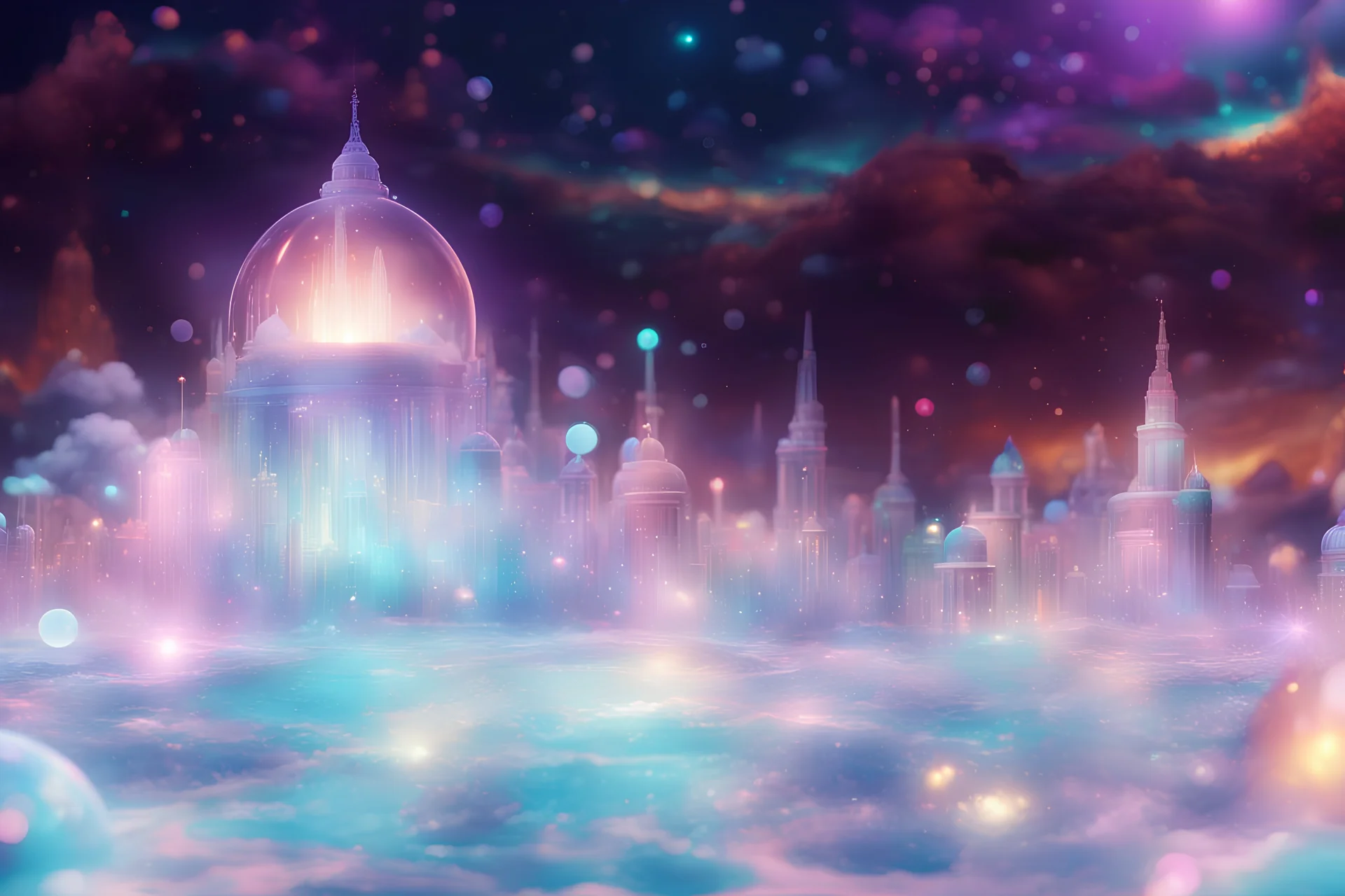 cosmic town underwater turquoise color, dome of bright colors,, rays of ligth and a lot sparks of light, good definition 8k