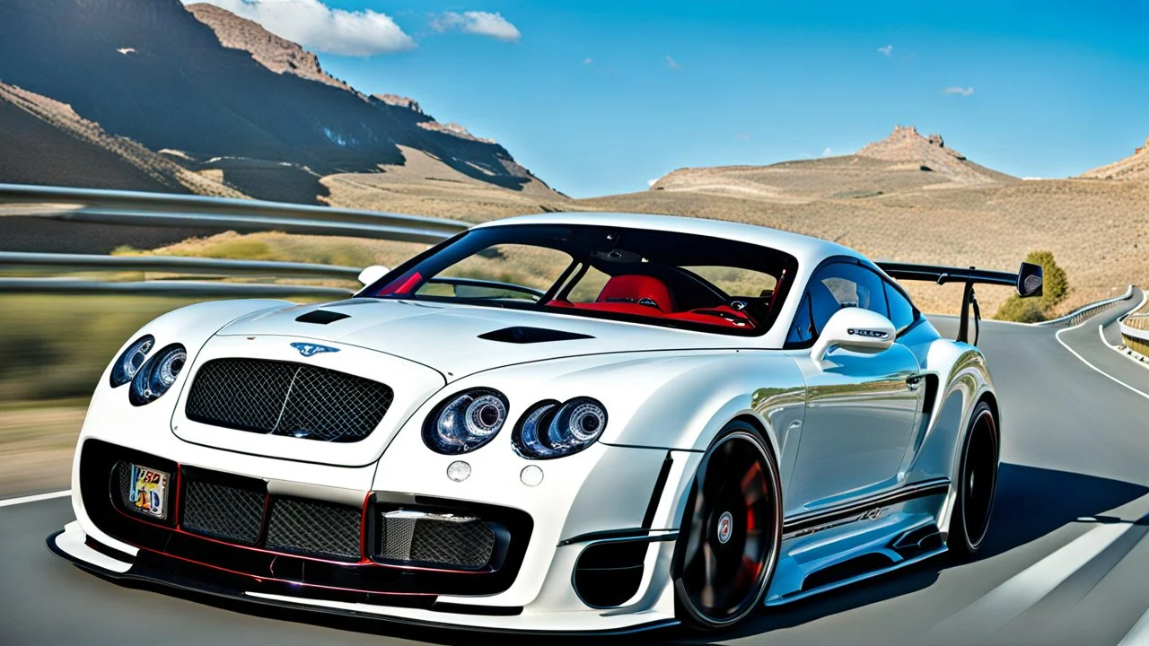 A sleek white shiny (((Bentley Porsche GT 2024))), its contours and details perfectly captured in a (((cinematic view))), zipping along a winding road under a beautiful blue black night sky