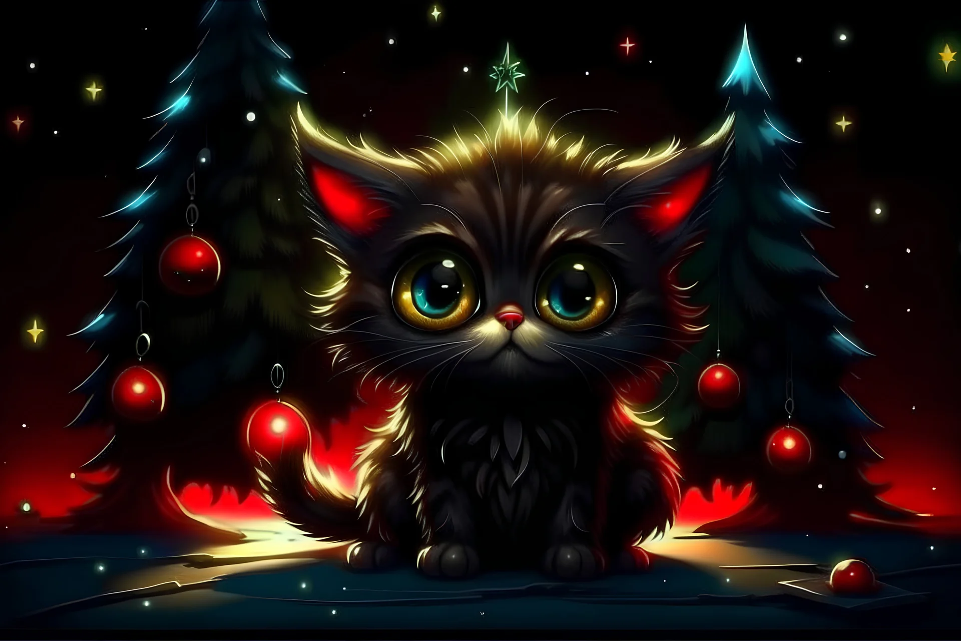 fluffy big eyed kitty sith lord in the death star command centre, and detailed Christmas tree with red and gold trimmings, beautiful star on top of tree, gifts underneath tree, toys underneath tree, cinematic eye view