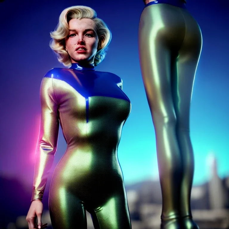 Realistic movie image, retro sci-fi, portrait, blonde action woman, sweet Marylin Monroe face, perfect iris, glow eyes. tight latex tights suit. City, metropolis movie style . epic style, soft color, highly detailed, unreal engine 5, ray tracing, RTX, lumen lighting, ultra detail, volumetric lighting, 3d, finely drawn, high definition, high resolution.