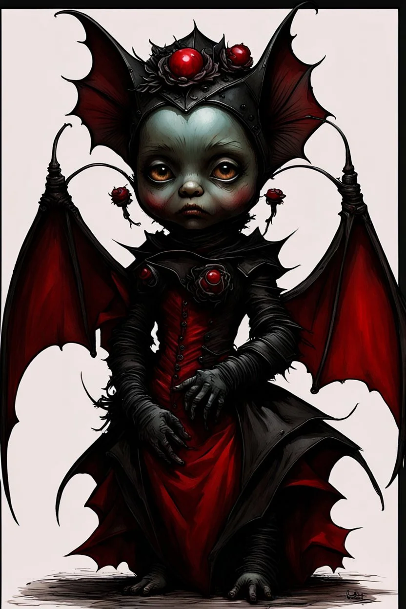 Artist Jean-Baptiste Monge style. A humanoid biomechanical Black bat-flower headed Baby with red eyes and a black and red dress. Modifiers: award winning crisp quality very cute