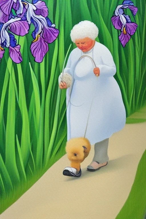 Old woman walking along a lane. White hair, overweight, skirt, green west. Poodle beside her. Vienna. perfect iris. Naive Painting