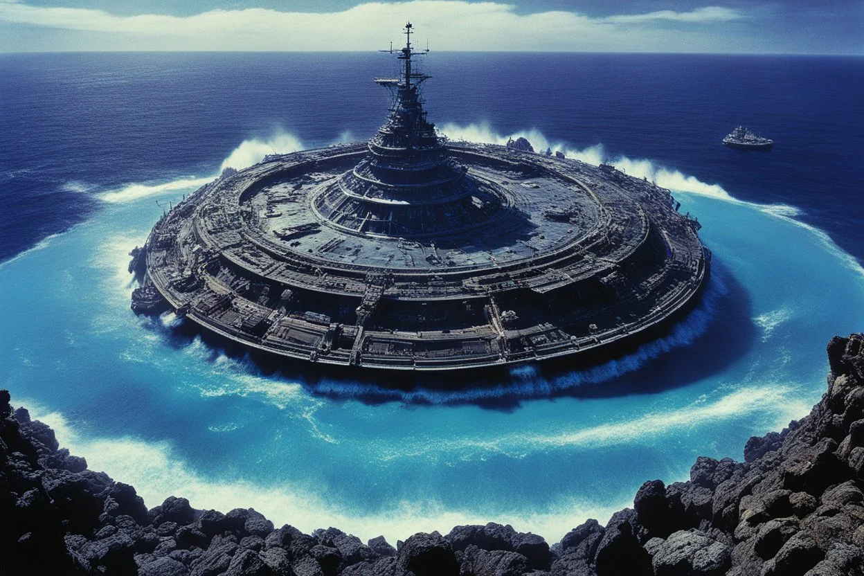 (heavy metal / metal hurlant: psychedelic), (Seen from above) (High-resolution, 35mm film grain photo by Ray Harryhausen), The Great Sinking of Pandora. The ocean world Pandora, its ancient living ecosystem a shattered, toxic memory, is now a horizon-to-horizon abyss of churning deep indigo and radioactive magenta waters under a sky the color of a fresh bruise, split by psychedelic, prismatic auroras. The Islander Exodus: Two enormous, kilometers-wide bioengineered floating islands, shaped like