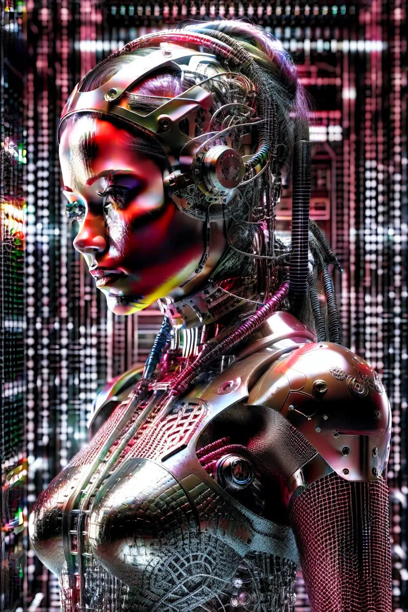 Generate an 8k image of a futuristic Hollywood superstar with android features, inspired by Luis Royo's art, wearing a metallic exosuit.In black and white, he draws the stages of human development from fetus to old age In a long room and a graveyard, and there is only one lighting source