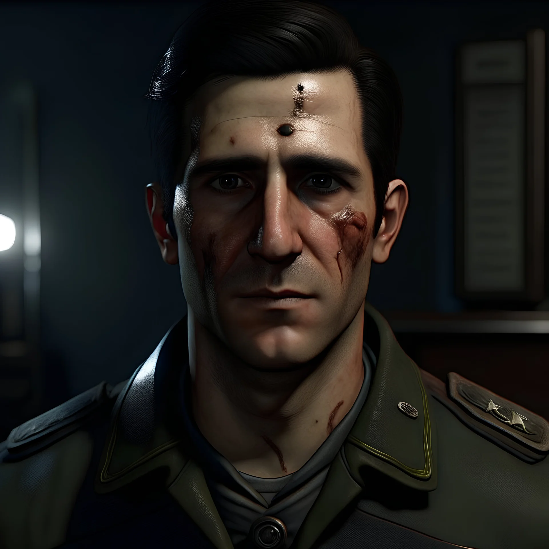 The submarine medic Sylas Steinhardt, a well groomed dark haired man with scars on his face realistic grimdark setting