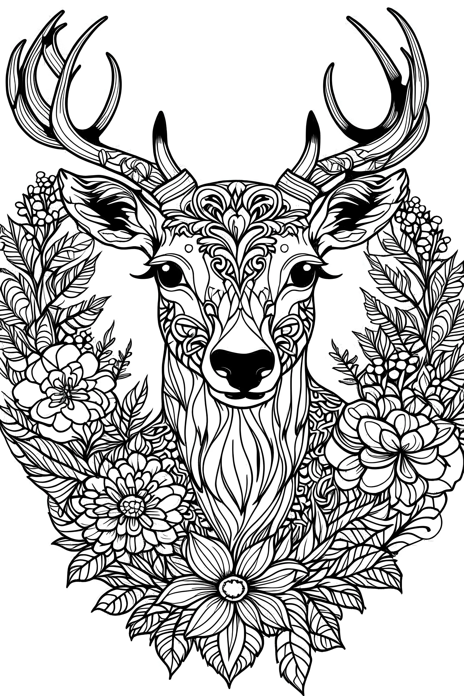 portrait of deer and background fill with flowers on white paper with black outline only, style mandala