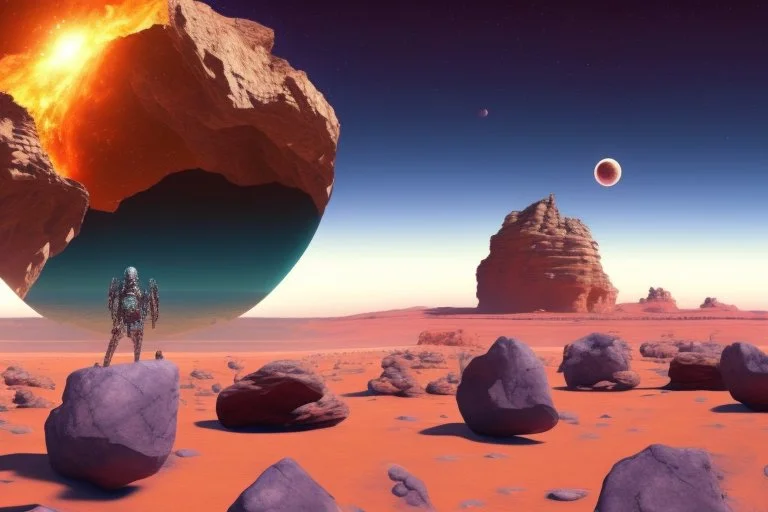 person, infinite, exoplanet in the horizon, big stones, cliff, science fiction, epic scene.