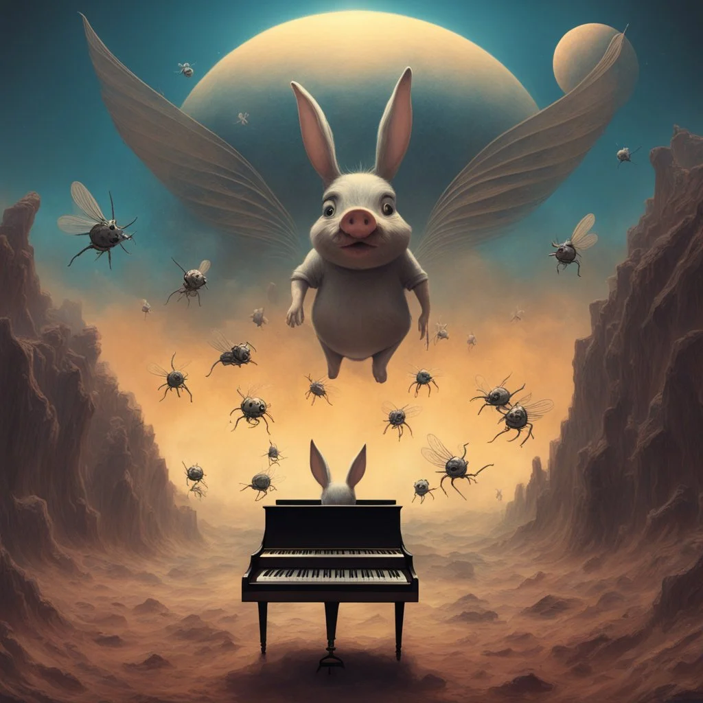 monochromatic black and white bugs bunny composer piano, diffrent planet, one swine pig piggy flying wasp angel, beksinski style daker theme