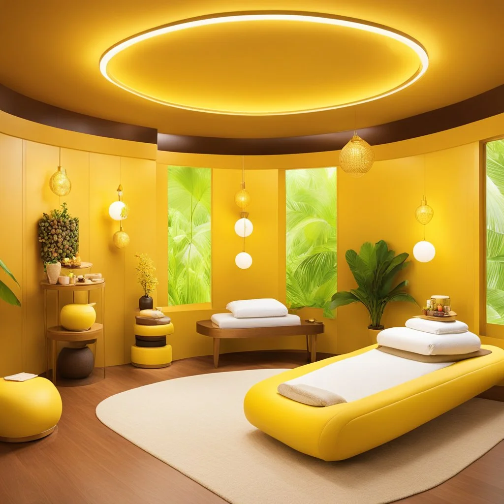 a vibrant massage room in action, where one can indulge in the full service experience. Envision yourself adorned in a yellow leotard, surrounded by an atmosphere of relaxation and luxury. Special toys and tools are at your disposal, enhancing the rejuvenating journey within this serene setting.