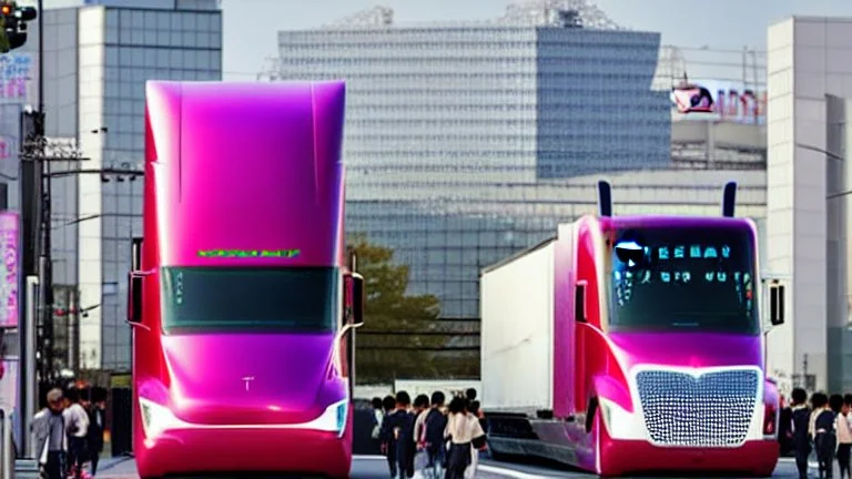 A Tesla semi-truck is racing at top speed, across the 'Universal Studios Japan', in Osaka. CINEMATIC. WIDE ANGLE LENS. PHOTO REAL.