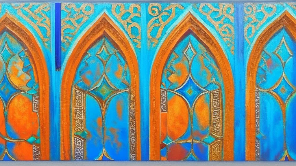 semi-abstract painting, triptych with 3 gothic_arab gates in blue, turquoise and orange