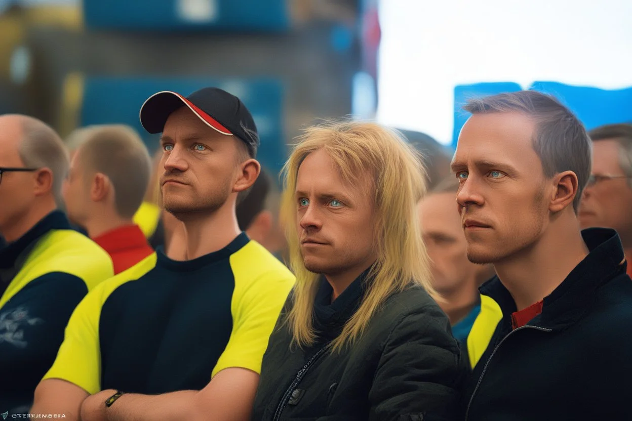 people from Sweden watching robots fight in background, cartoon style Simon Stålenhag