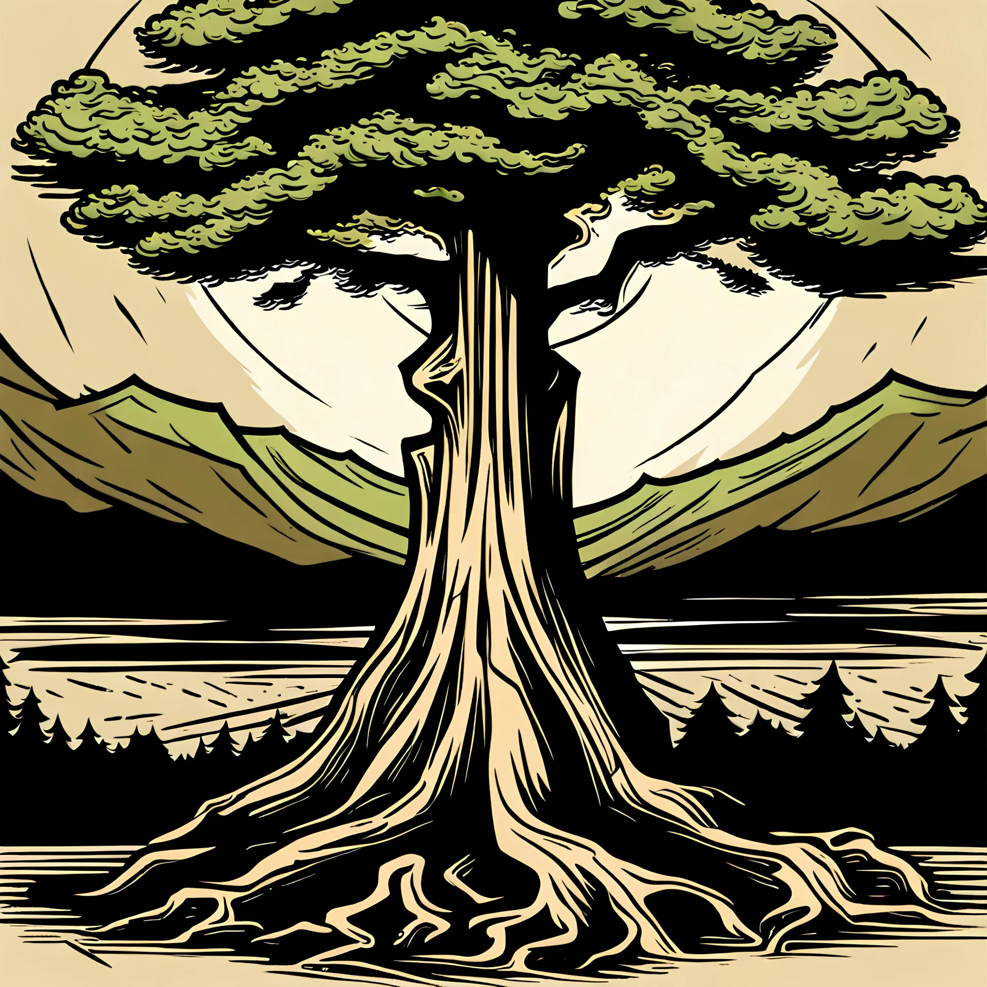 a cypress tree symbol, scary, comic style, Persian, relates to a criminal case