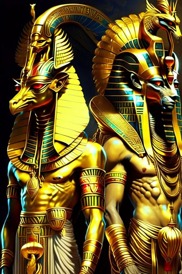 Egyptian gods, full of splendor and wearing golden clothing