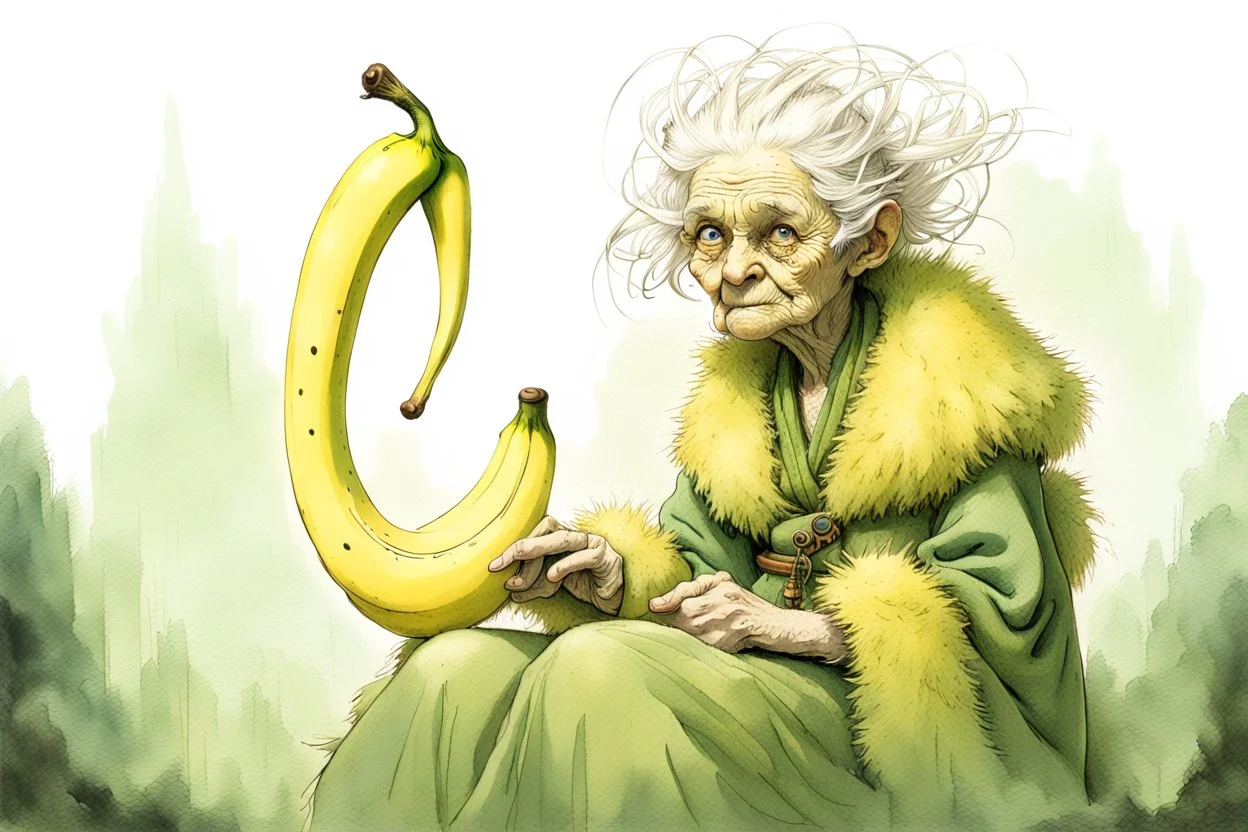 Artist Jean-Baptiste Monge style. A biomorph banana-headed old woman. White eyes. A yellow dotted green furry feathered fluffy dress.