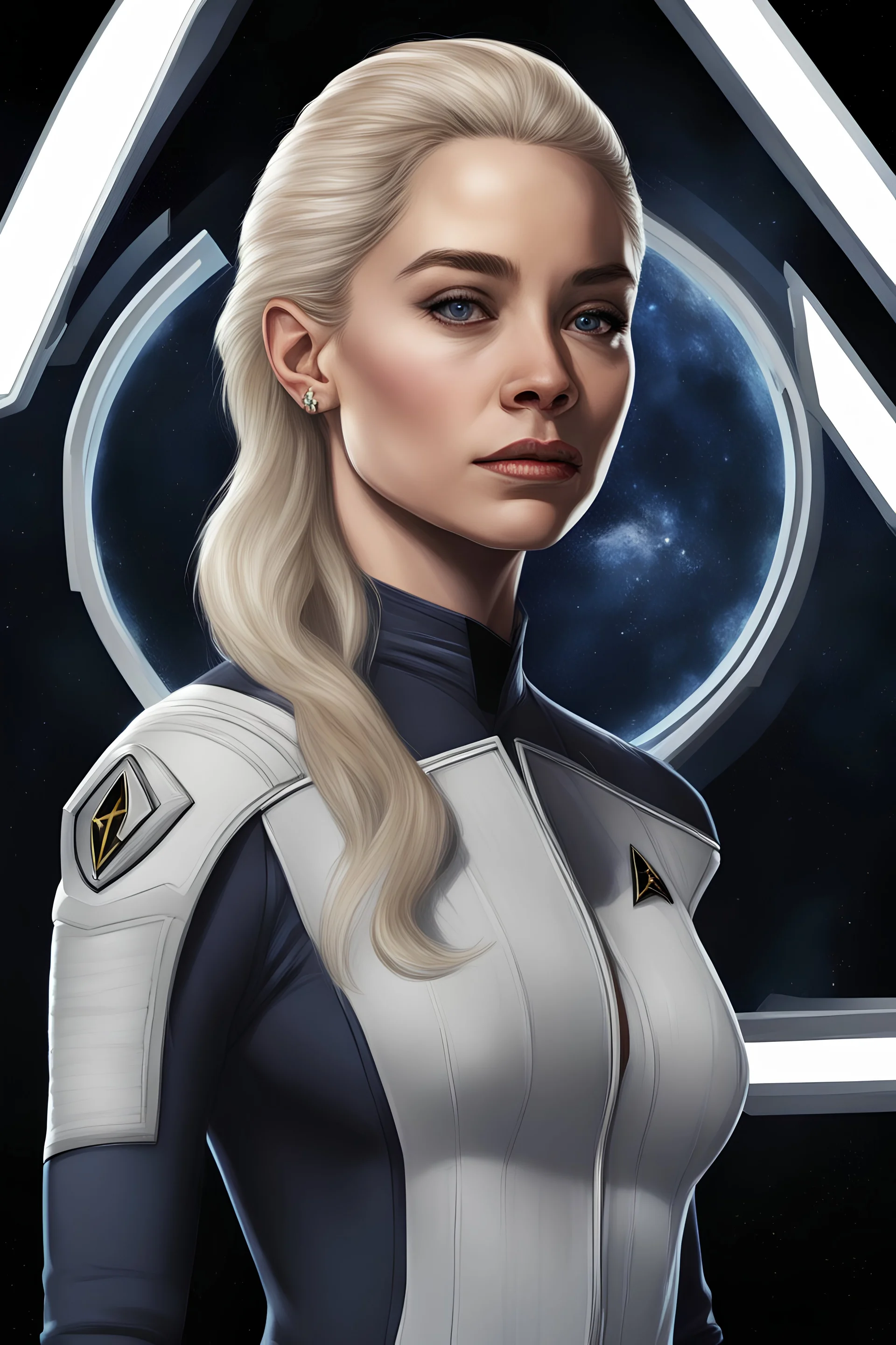 star trek, character art, portrait, blonde woman, emilia clarke, trill symbiote, joined trill, dax, deep space nine, starfleet uniform, trill, high quality, realistic