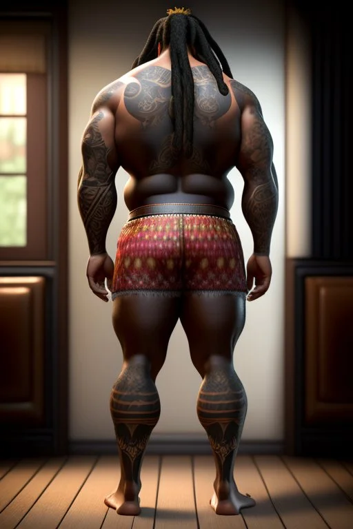 full body shot back view photography of a burly stocky giant gipsy lumberjack tattoed 55 years old , in italian restaurant, shirtless with swimwear, dreadlocks, long beard, emotive eyes, big shoulders, big fat ass, ambient occlusions, photorealistic