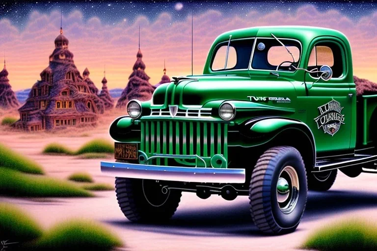 a true-to-life 1946 Dodge Power Wagon, classic wheels, centered, intricate, extreme detailed, photorealism, center view, city background, pivot on dodge, pen and color marker painting by cheryl kelley