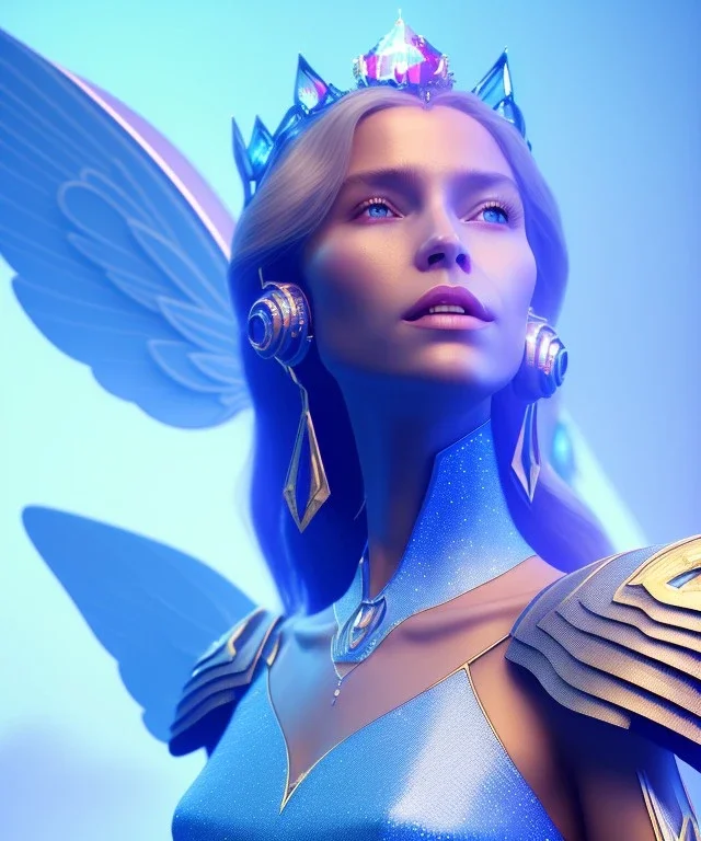 A smiling crystalised queen, atmospheric, realistic, unreal engine, cinematic lighting, octane render. blue, pink, transparency, light, shine,bright, full body, transparent wings, blonde, long hair, nice smile