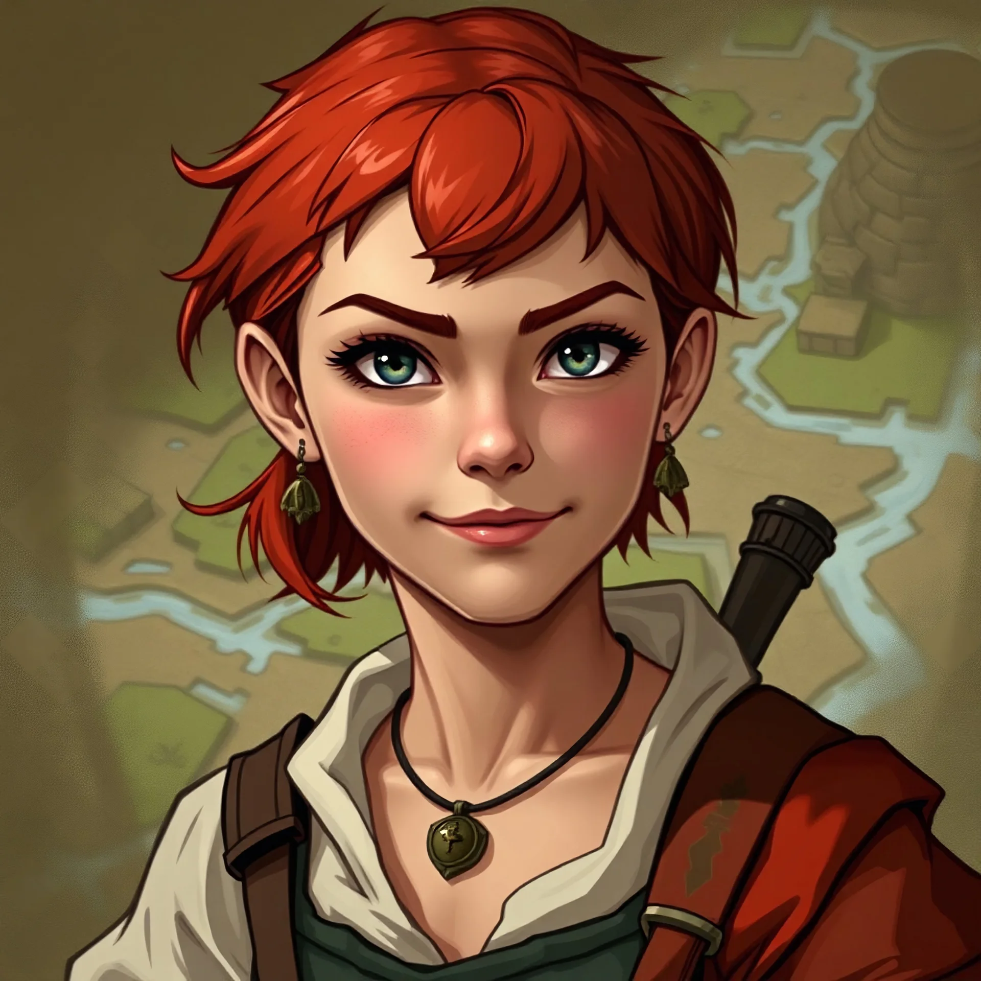 dnd mapmaker girl with red short haircut with suspicios smile