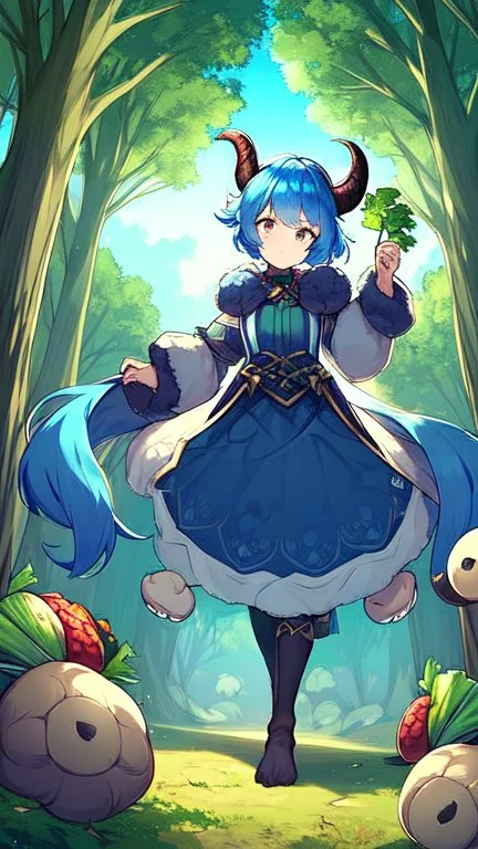 Two Girl goat horns, blue hair, clearing in forest, goat foot, cabbage in hand