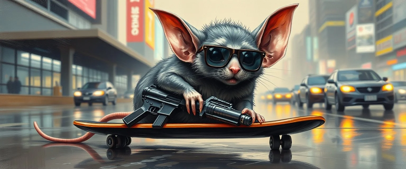 master oil painting by Rembrandt, pen outline and airbrush,the tilted quilter,glasses and ticks, cyberpunk imagery synchronized mechanical stylized fluffy gremlin rat bat laying low holding a few guns barely hanging on, drumming kit flat board trike flickering stable core, wet reflective salt flat city, fast motion blur background, translucent tube cars, technocracy mega tv