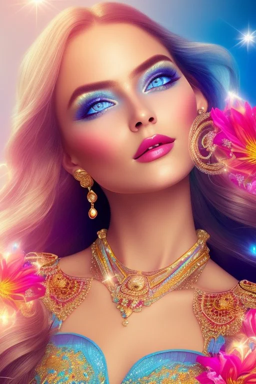 Beautyful smiling young woman, long hair amazing blue eyes, flowers, happy cosmic, bright colors, blue, pink, gold, jewels, realistic, photo real, clear sunny background, highly detailed, high contrast, 8k high definition, unreal engine 5, extremely sharp detail, light effect, sunny light backgroundgold, jewels, realistic, photo real, clear sunny background, highly detailed, high contrast, 8k h