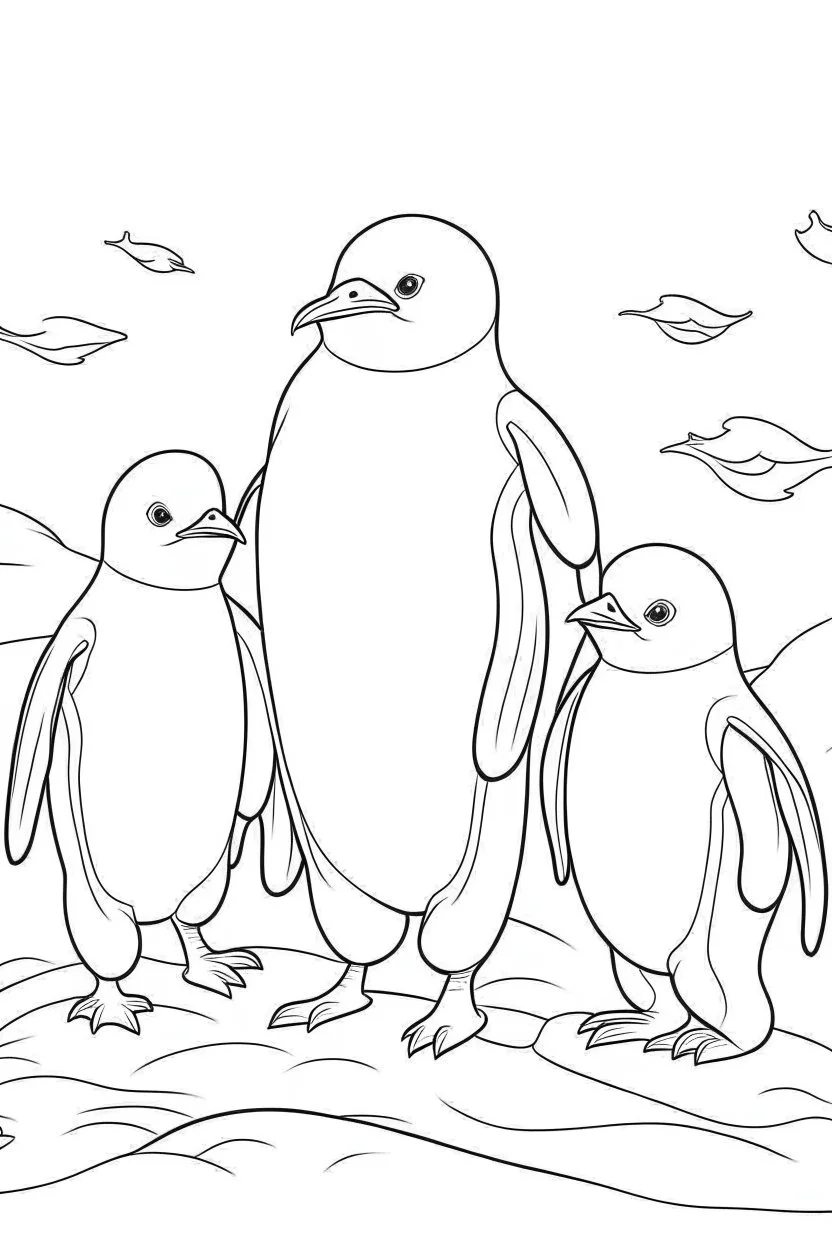 adorable penguins in the icy Antarctic, clean line art, monochrome, for kids coloring book, white background