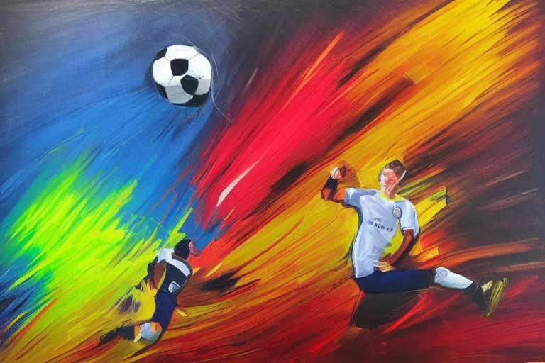 Oil painting, football match, the striker is kicking a goal, the ball is flying, bright but not neon colours, dynamic lines, dynamic blobs, spots, lines in the background of the character, like a colour explosion