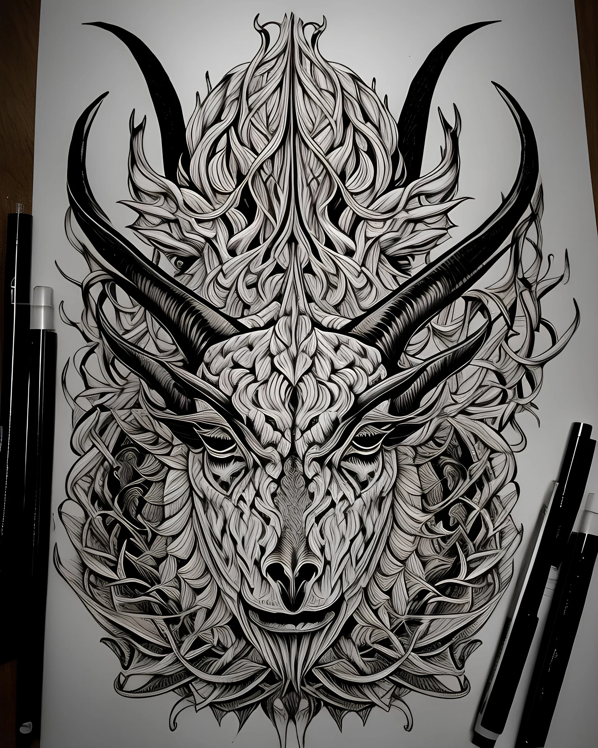 a symmetrical baphomet artwork featuring intricate hand-drawn details