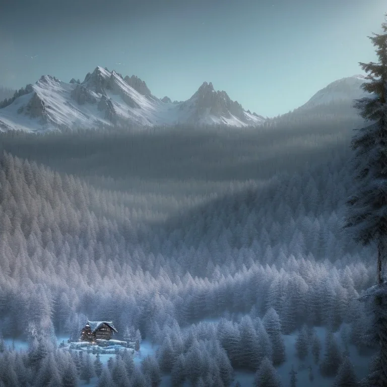 Snowy forest, sense of fear, Alps, mountain hut in the background, mystery, 8k, HD, cinematography, photorealistic, Cinematic, Color Grading, Ultra-Wide Angle, Depth of Field, hyper-detailed, beautifully color-coded, insane details, intricate details, beautifully color graded, Cinematic, Color Grading, Editorial Photography, Depth of Field, DOF, Tilt Blur, White Balance, 32k, Super-Resolution, Megapixel, ProPhoto RGB, VR, Halfrear Lighting, Backlight, Natural Lighting, Incandes