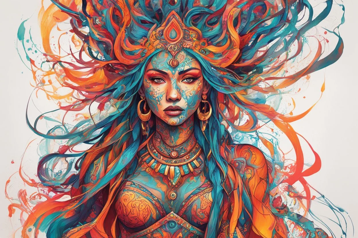 create an abstract expressionist full body illustration of a deeply spiritual, ethereal, darkly magical, epic nomadic tribal sorceress with highly detailed and deeply cut facial features, searing lines and forceful strokes, precisely drawn, boldly inked, with rich striking colors