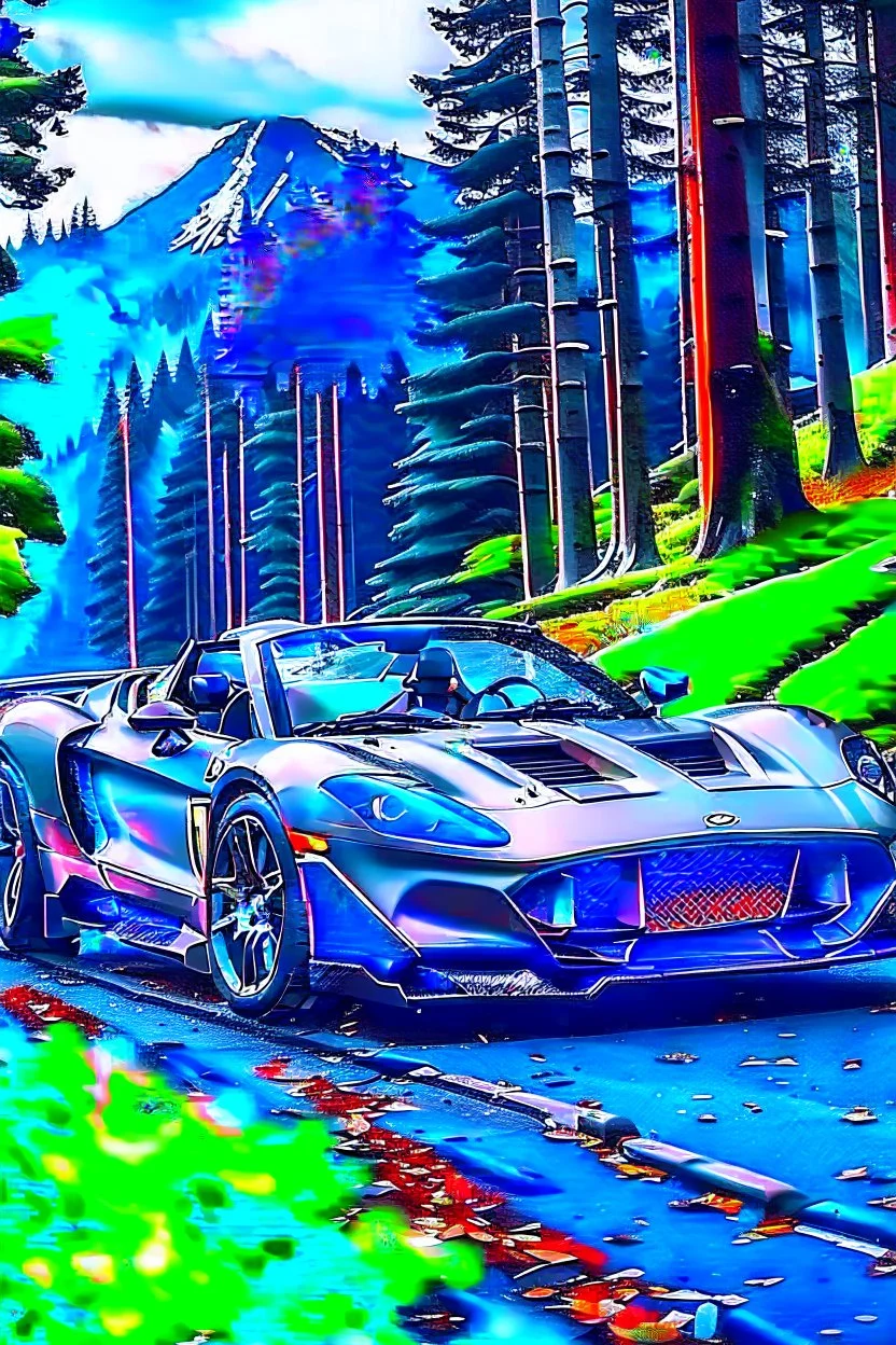 A ford gt convertible on a mountain trail had an accident and crashed in to a tree