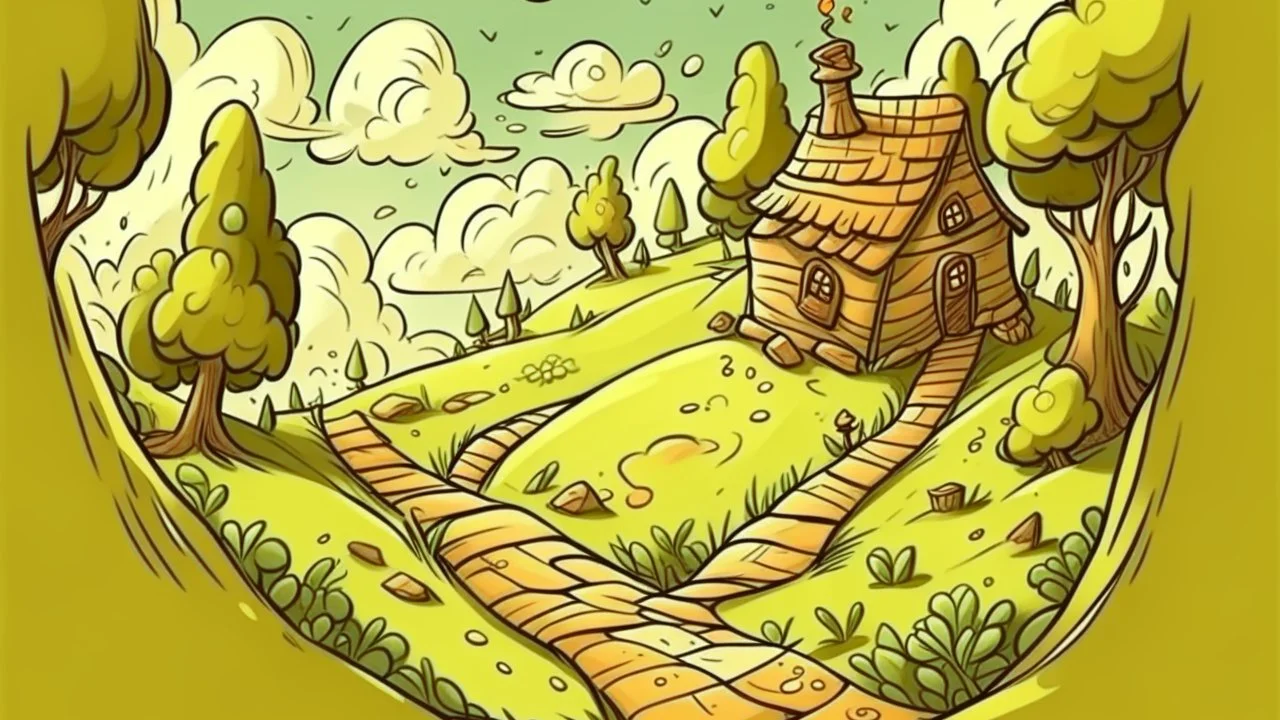 Cartoon style: far far away, down the hill between trees, a very small tiny wooden house