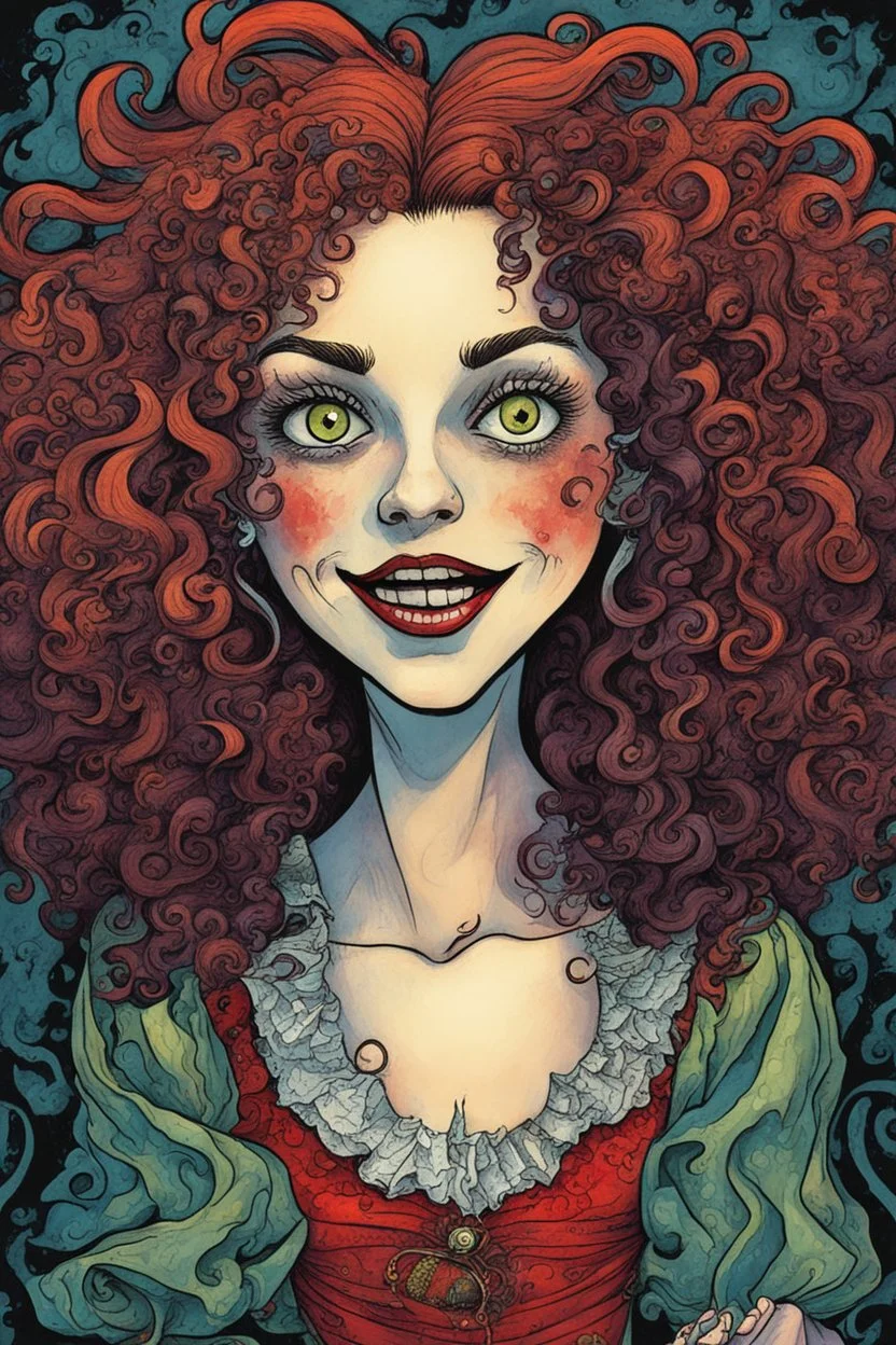 a cartoon illustration of a schizophrenic curly haired vampire girl , in the cartoon style of Lynda Barry , Ernie Pook's Comeek, vibrant natural colors, , museum quality masterpiece