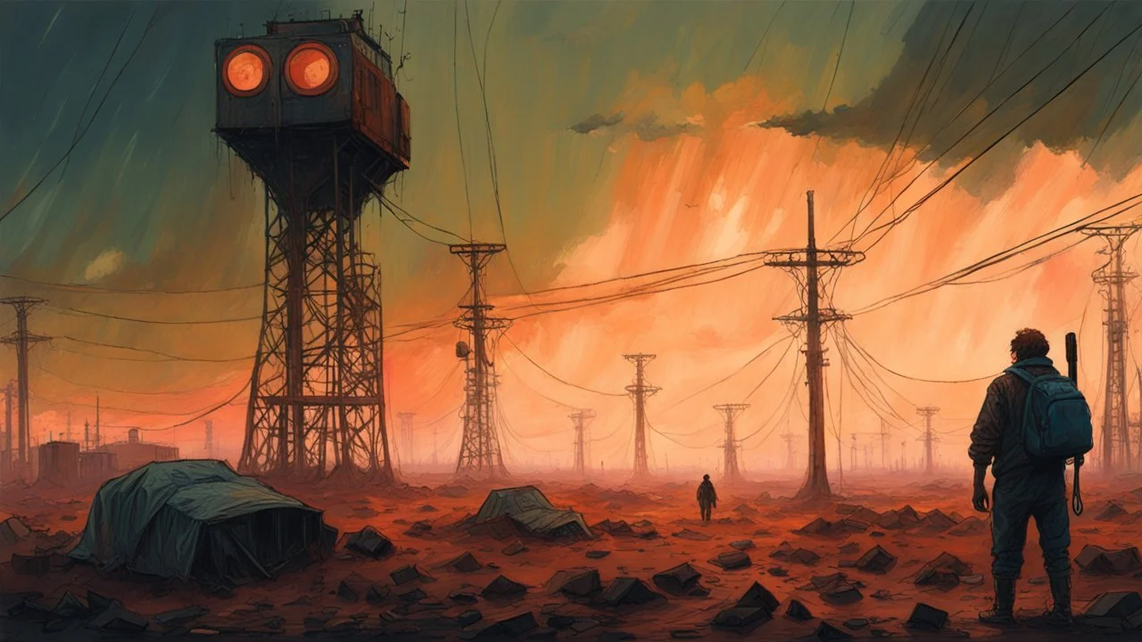 Strange surreal world, techno gothic, post apocalyptic art, neo cyberpunk renaissance, Science fiction painting, Denis Sarazhin Simon Stålenhag, Nicolas Bruno, sinister vibes, harsh survivalism, Peter Sallesen, Hamish Frater, ominous sky