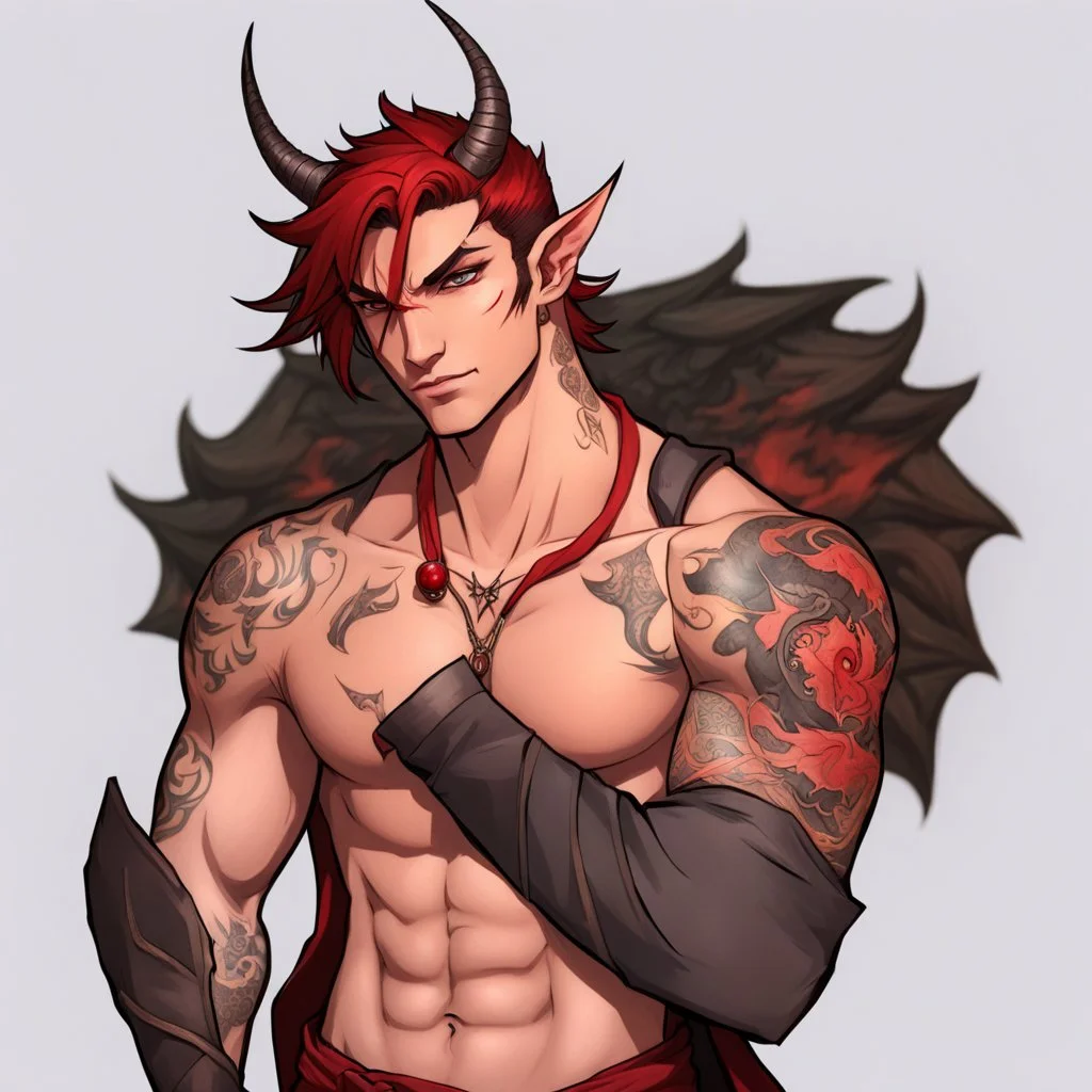 A Young Adult Male. A unique blend of Wood Elf and Red Tiefling features. His handsome face contrasts with the Yakuza dragon tattoos that completly cover his back, arms, and legs. He is wearing a torn coat, he also has earings. A physique that is strong and well-built, resembling a Fighter.